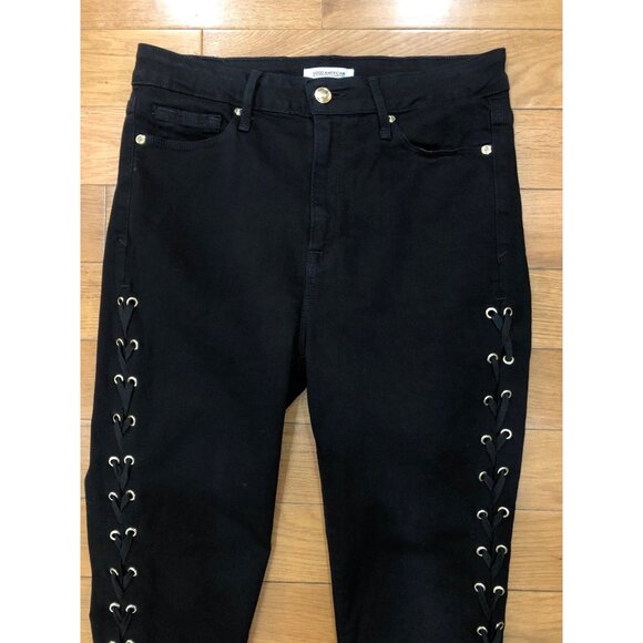 Good American Good Legs Hi Rise Skinny Black Jeans Lace Up Detail Size 8 - Picture 3 of 9